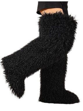 Faux Fur Over the Knee Boots Plush Lining Black 28 In Womens Size 7 Wide Calf